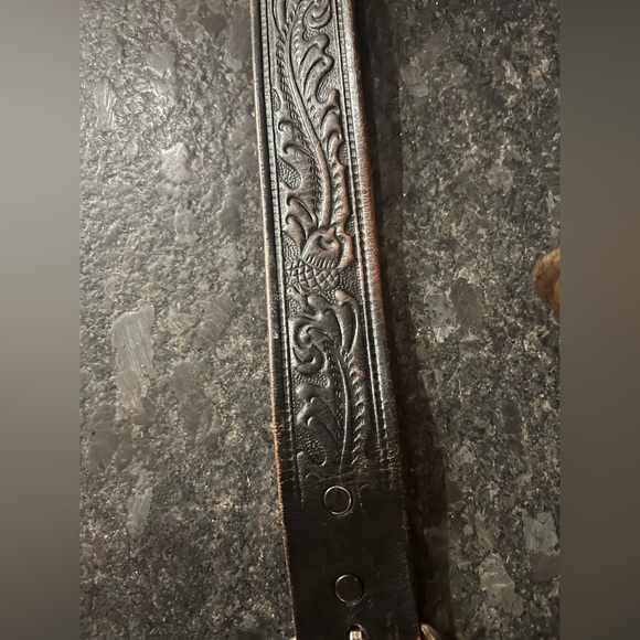 Vintage Tooled Leather Western Belt Silver Double Prong Buckle